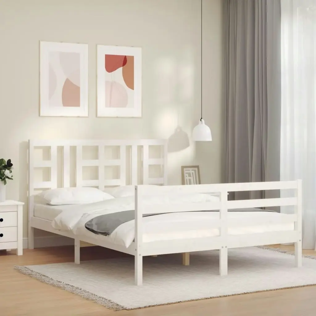 Bed Frame with Headboard White 137x187 cm Double Solid Wood 3193897