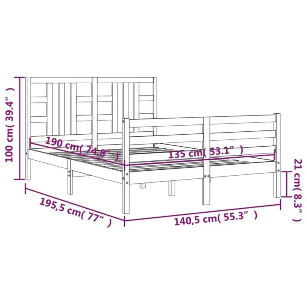 Bed Frame with Headboard White 137x187 cm Double Solid Wood 3193897