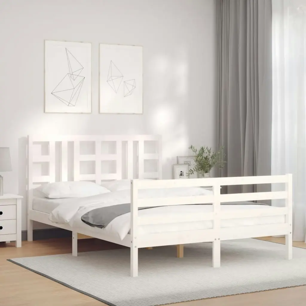 Bed Frame with Headboard White 137x187 cm Double Solid Wood 3193897