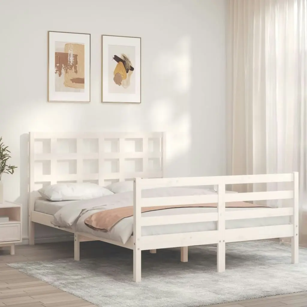 Bed Frame with Headboard White 137x187 cm Double Solid Wood 3193962