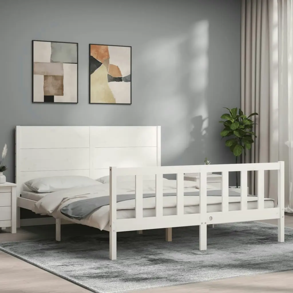 Bed Frame with Headboard White 153x203 cm Queen Solid Wood 3192757