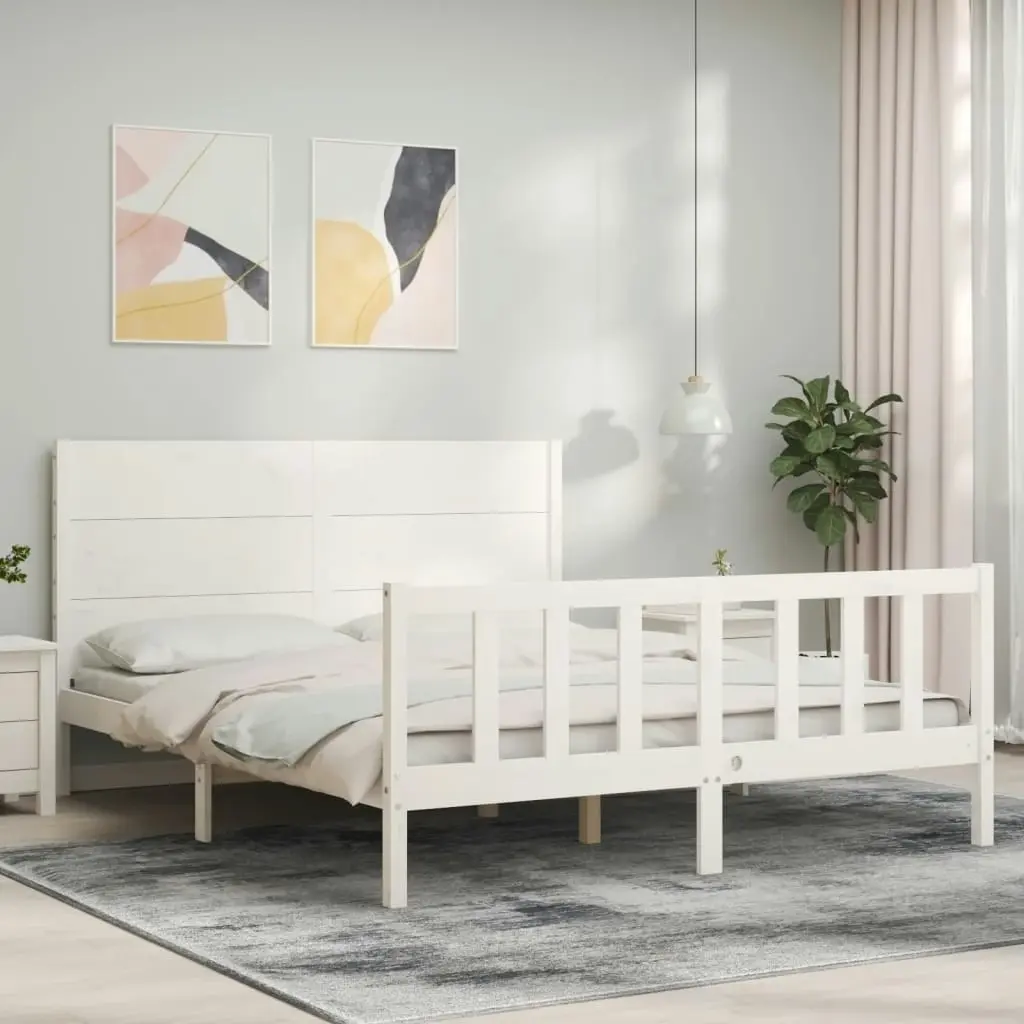 Bed Frame with Headboard White 153x203 cm Queen Solid Wood 3192757