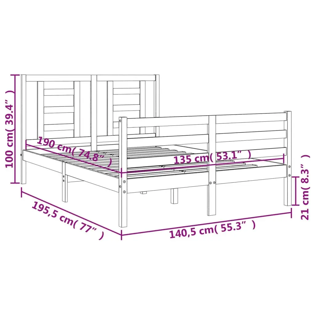 Bed Frame with Headboard White 137x187 cm Double Solid Wood 3194677