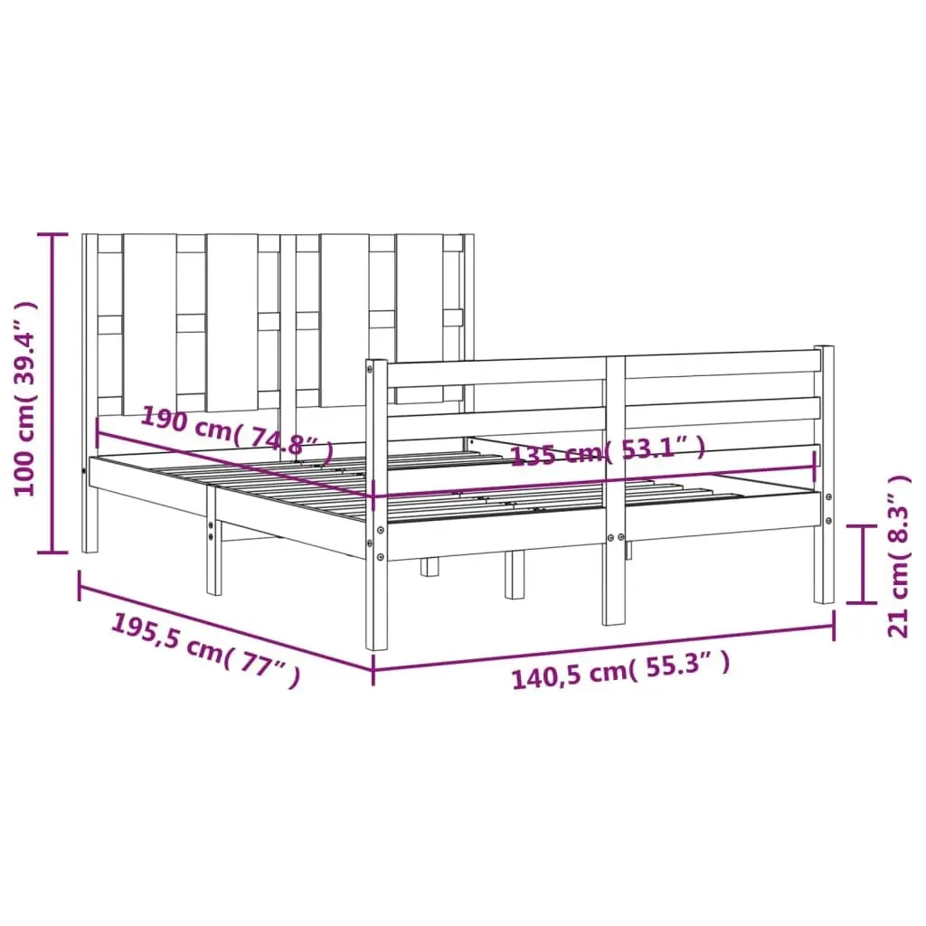 Bed Frame with Headboard White 137x187 cm Double Solid Wood 3194092