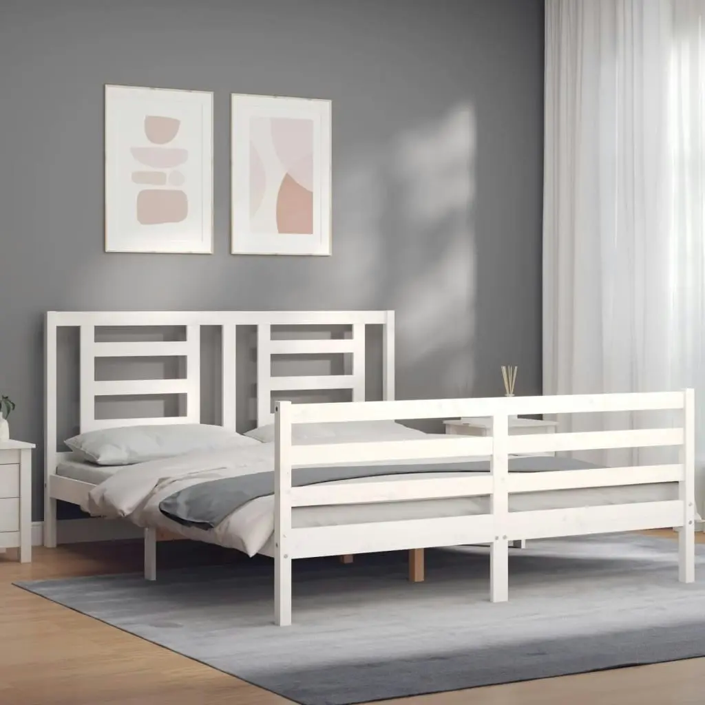 Bed Frame with Headboard White 153x203 cm Queen Solid Wood 3194707