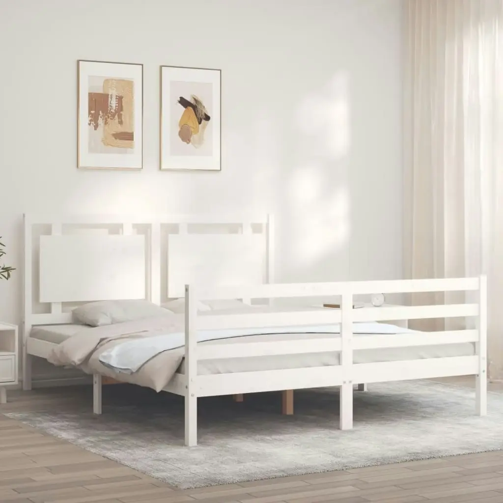 Bed Frame with Headboard White 153x203 cm Queen Solid Wood 3194057