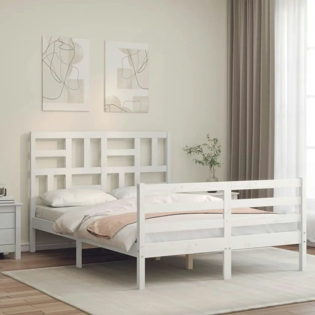 Bed Frame with Headboard White 137x187 cm Double Solid Wood 3194872