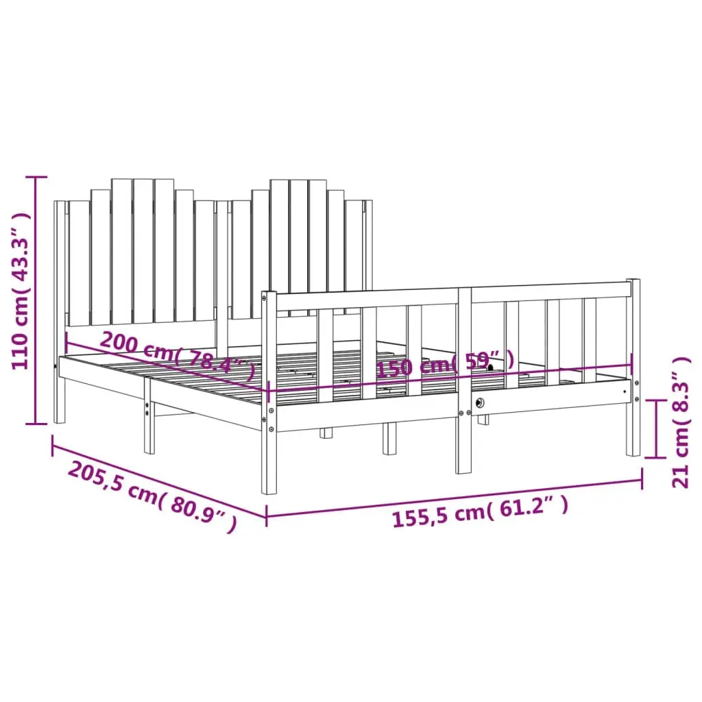 Bed Frame with Headboard White 153x203 cm Queen Solid Wood 3192302