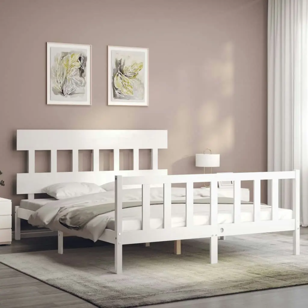 Bed Frame with Headboard White 153x203 cm Queen Solid Wood 3193342