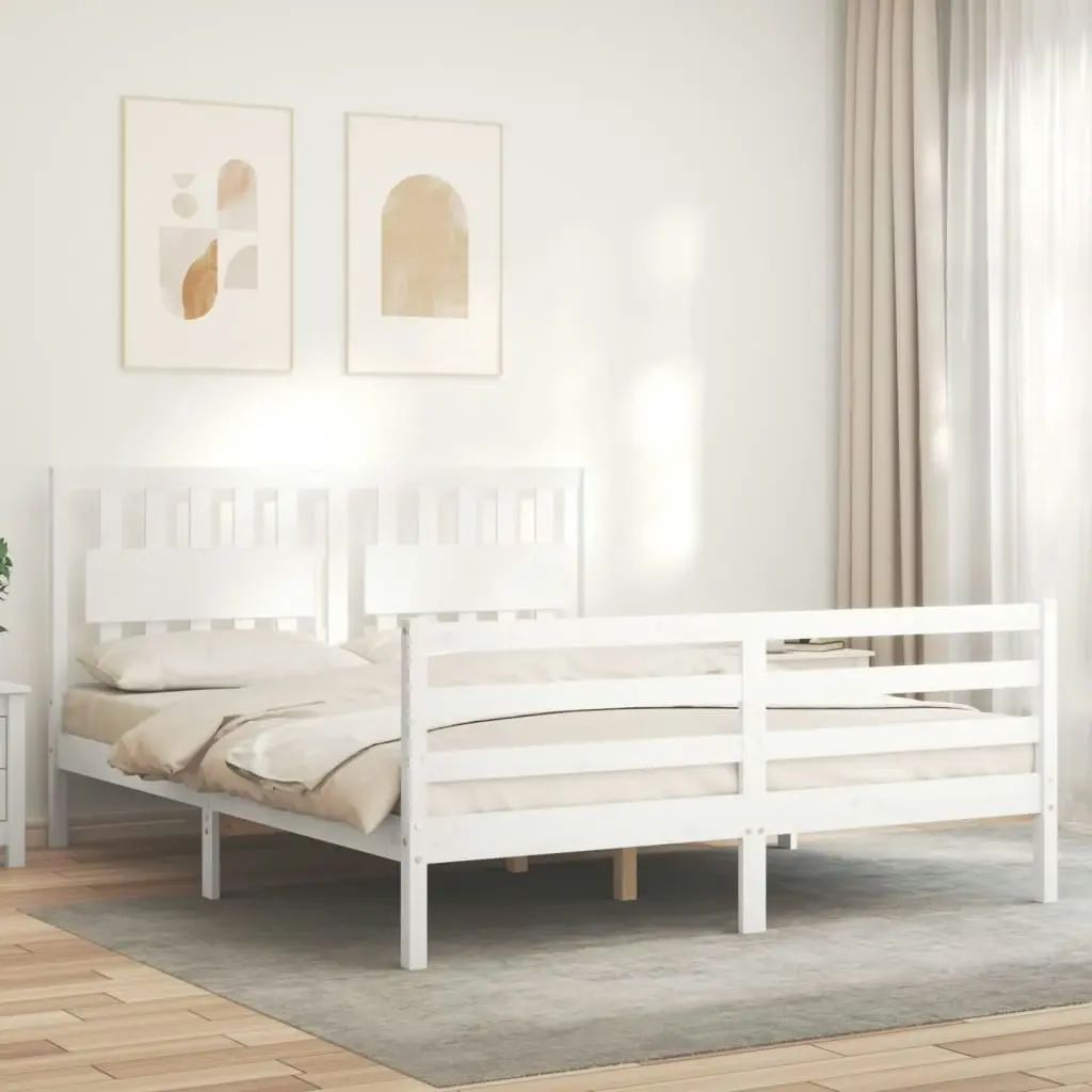 Bed Frame with Headboard White 153x203 cm Queen Solid Wood 3194317