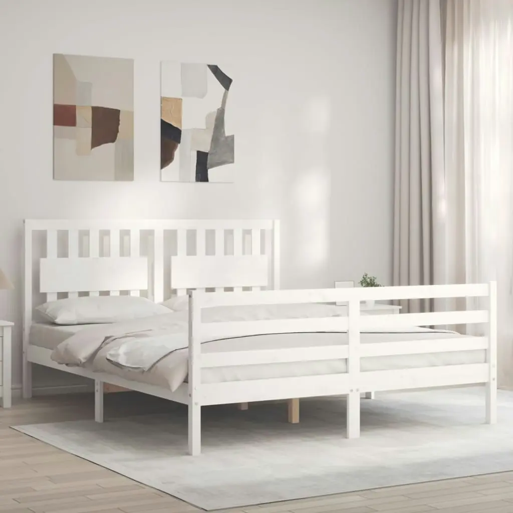 Bed Frame with Headboard White 153x203 cm Queen Solid Wood 3194317