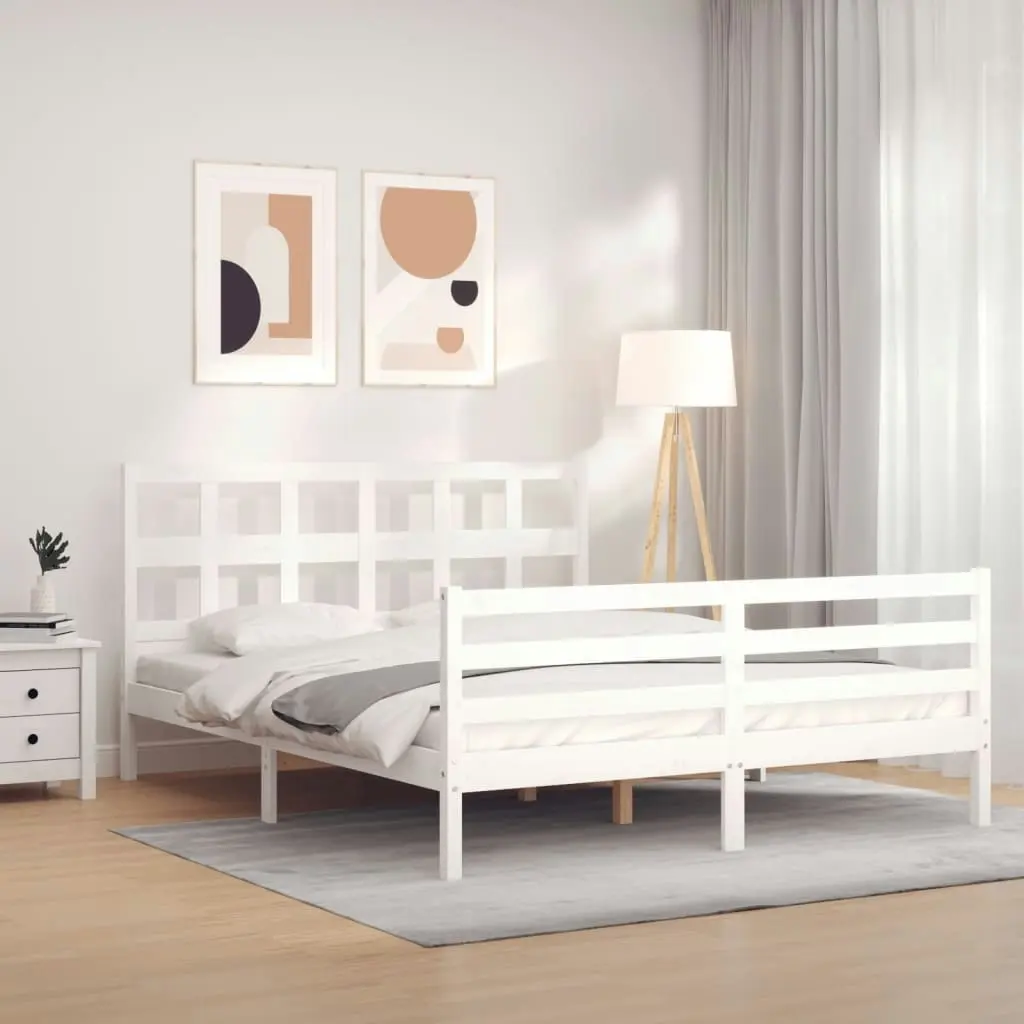 Bed Frame with Headboard White 153x203 cm Queen Solid Wood 3194837