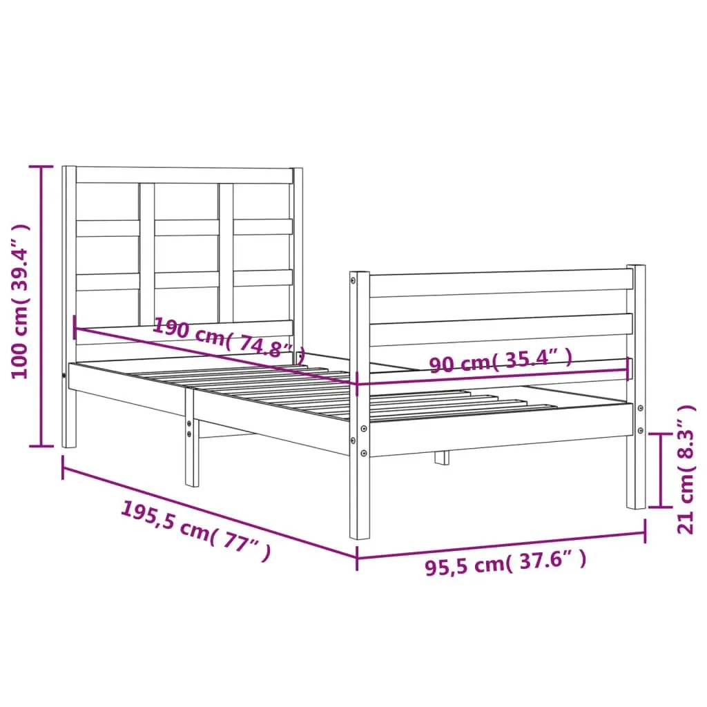 Bed Frame with Headboard White 92x187 cm Single Size Solid Wood 3193952