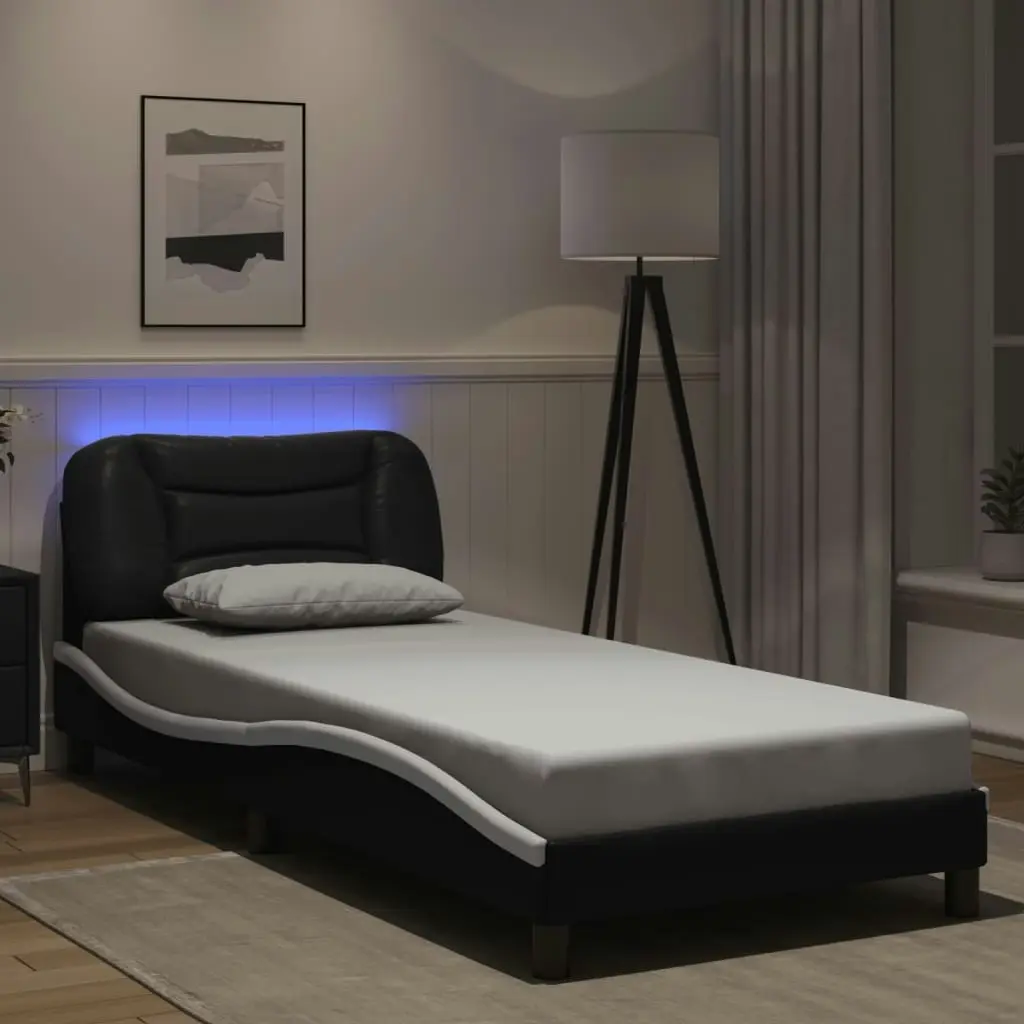 Bed Frame with LED Light Black and White 90x190 cm Faux Leather 3214181