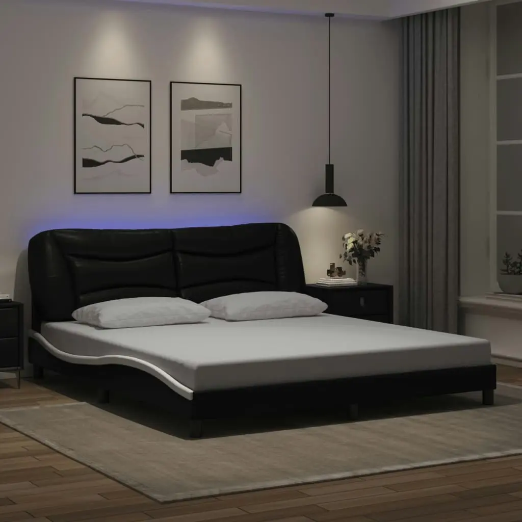 Bed Frame with LED Light Black and White 183x203 cm King Size Faux Leather 3214189