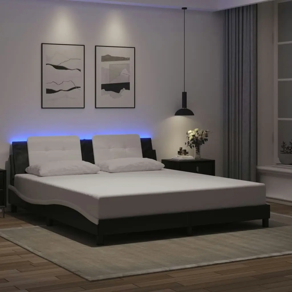 Bed Frame with LED Lights Black and White 183x203 cm King Size Faux Leather 3214129