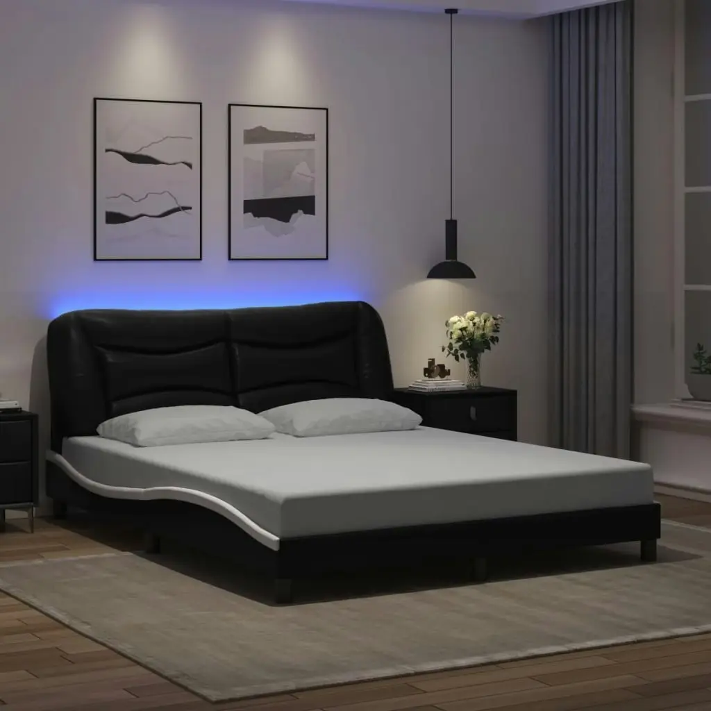 Bed Frame with LED without Mattress Black and White 152x203 cm Queen 3213973