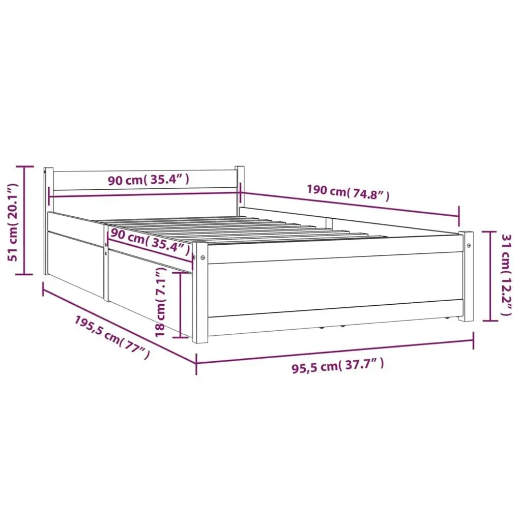 Bed Frame with Drawers White 92x187 cm Single Size 3103479