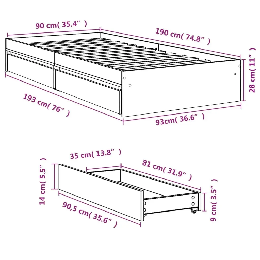 Bed Frame with Drawers White 90x190 cm Engineered Wood 3280706