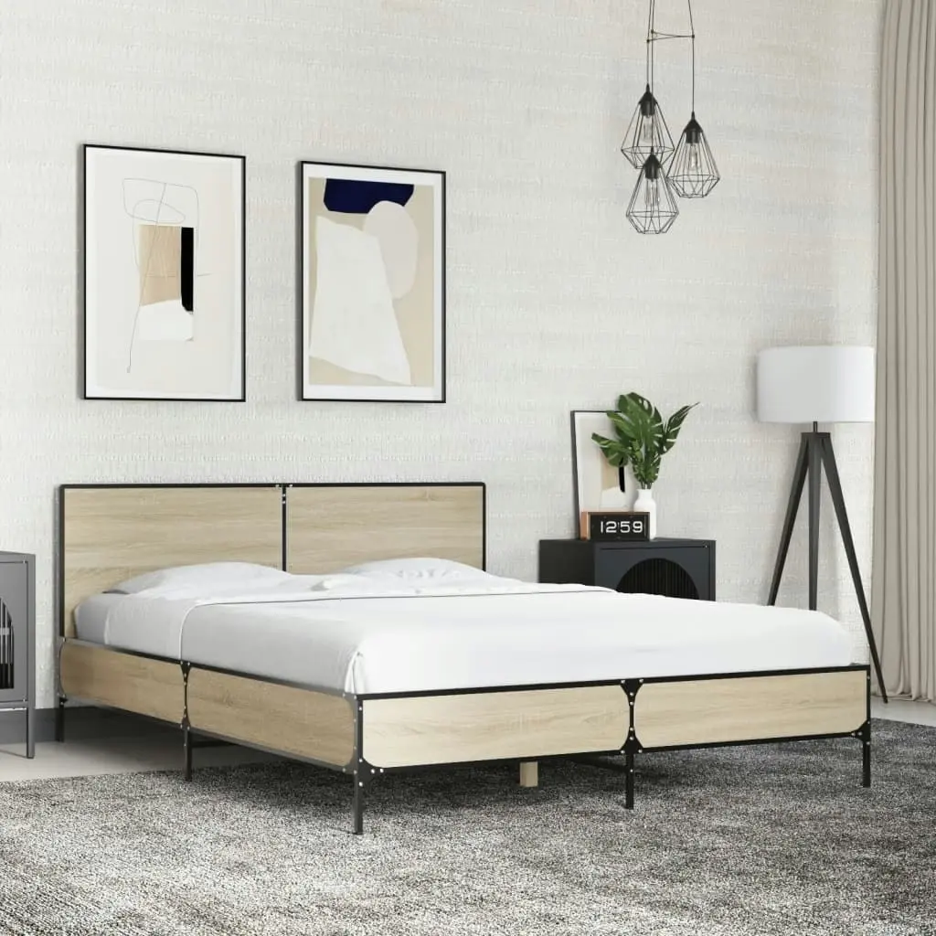 Bed Frame Sonoma Oak 135x190 cm Engineered Wood and Metal 3280028