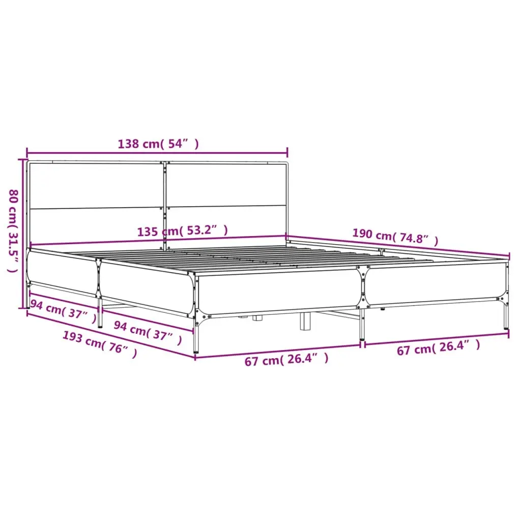 Bed Frame Sonoma Oak 135x190 cm Engineered Wood and Metal 3280028