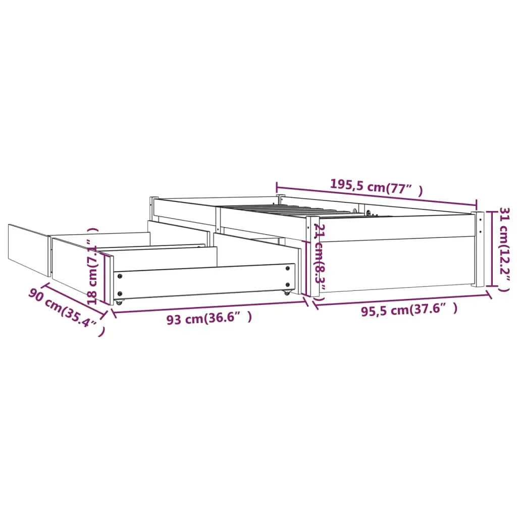 Bed Frame with Drawers White 92x187 cm Single Size 3103459