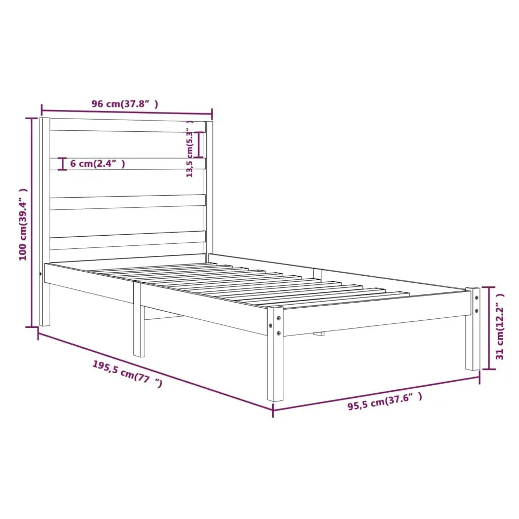 Bed Frame White Solid Wood 92x187 cm Single Size 3104899