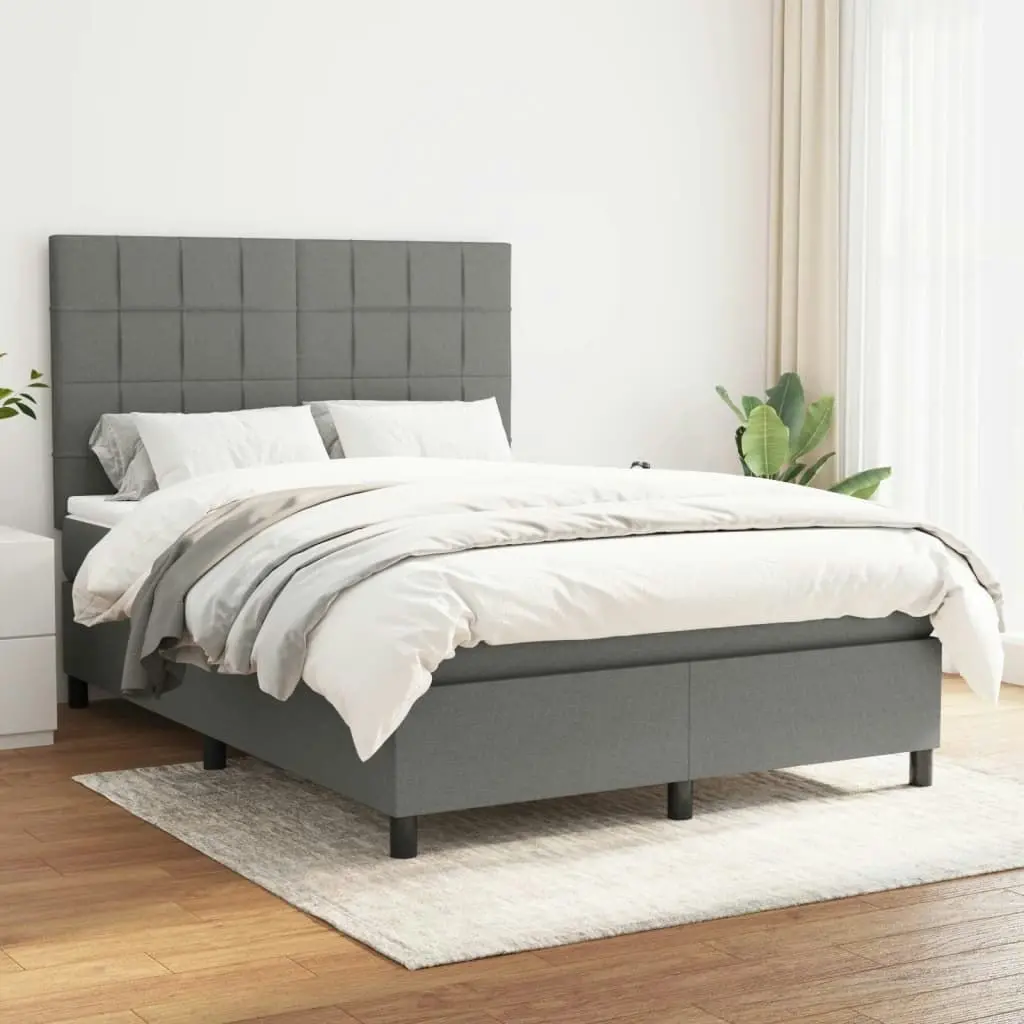 Box Spring Bed with Mattress Dark Grey 137x187 cm Double Size Fabric 3145066