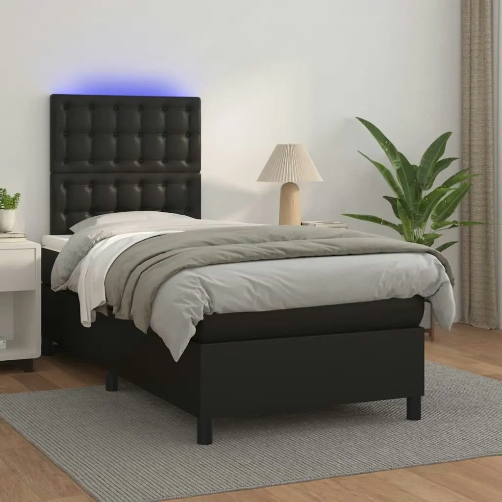 Box Spring Bed with Mattress&LED Black 106x203 cm King Single Size Faux Leather 3145242