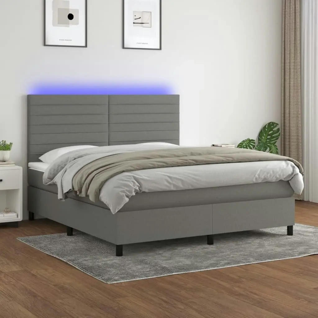 Box Spring Bed with Mattress&LED Dark Grey 153x203 cm Queen Size Fabric 3145223