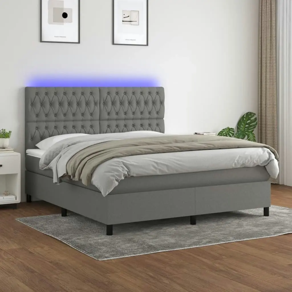 Box Spring Bed with Mattress&LED Dark Grey 153x203 cm Queen Size Fabric 3145229