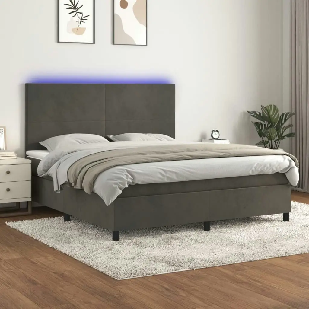 Box Spring Bed with Mattress&LED Dark Grey 153x203 cm Queen Size Velvet 3145244