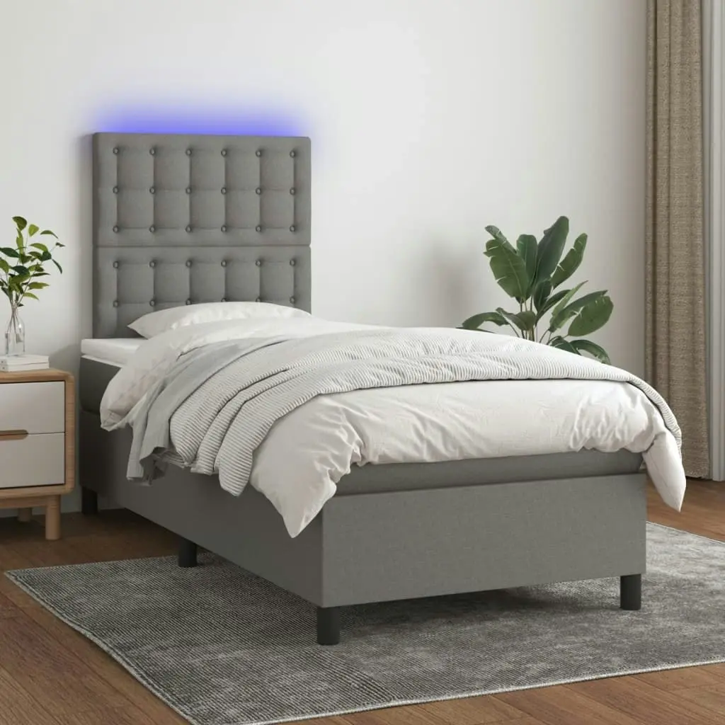 Box Spring Bed with Mattress&LED Dark Grey 106x203 cm King Single Size Fabric 3145233