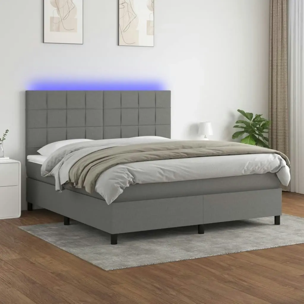 Box Spring Bed with Mattress&LED Dark Grey 153x203 cm Queen Size Fabric 3145220