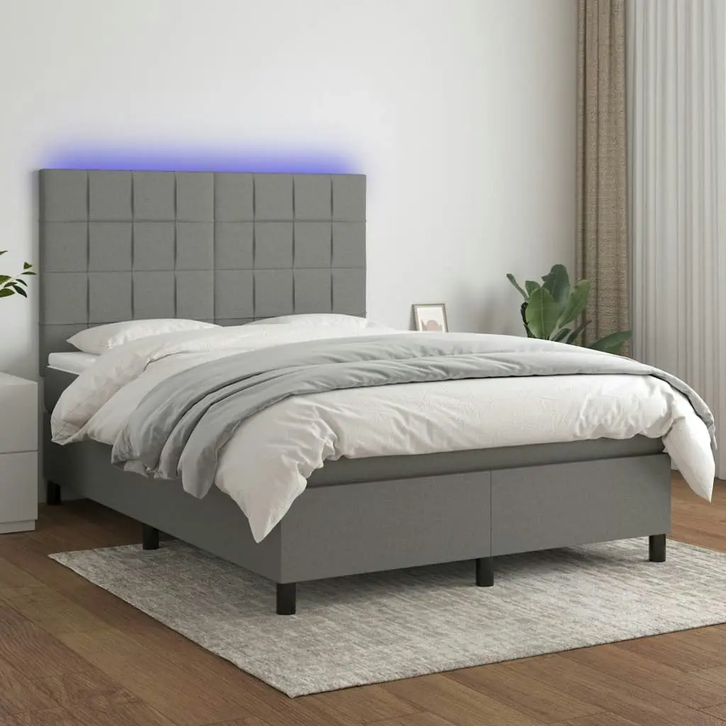 Box Spring Bed with Mattress&LED Dark Grey 137x187 cm Double Size Fabric 3145219