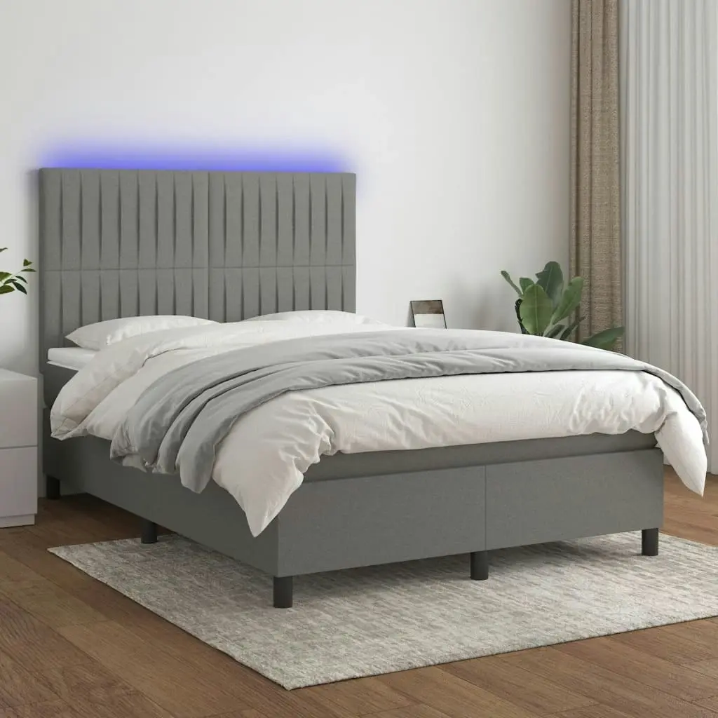 Box Spring Bed with Mattress&LED Dark Grey 137x190 cm Double Fabric 3145225