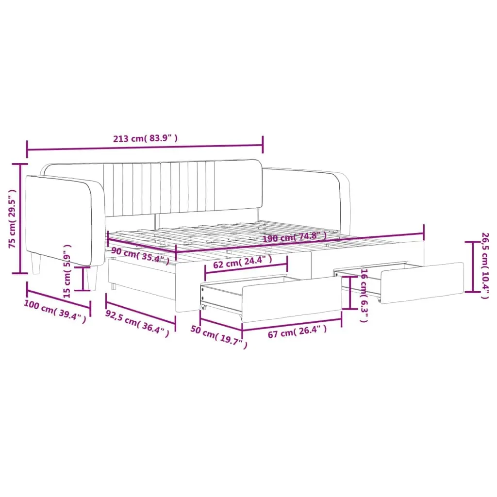 Daybed with Trundle&Drawers without Mattress Light Grey 90x190 cm 3197124