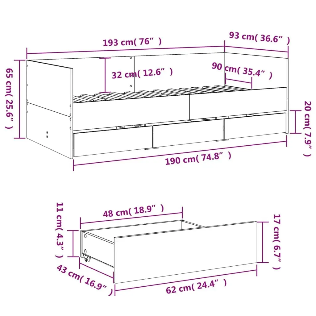 Daybed with Drawers White 90x190 cm Engineered Wood 3280825