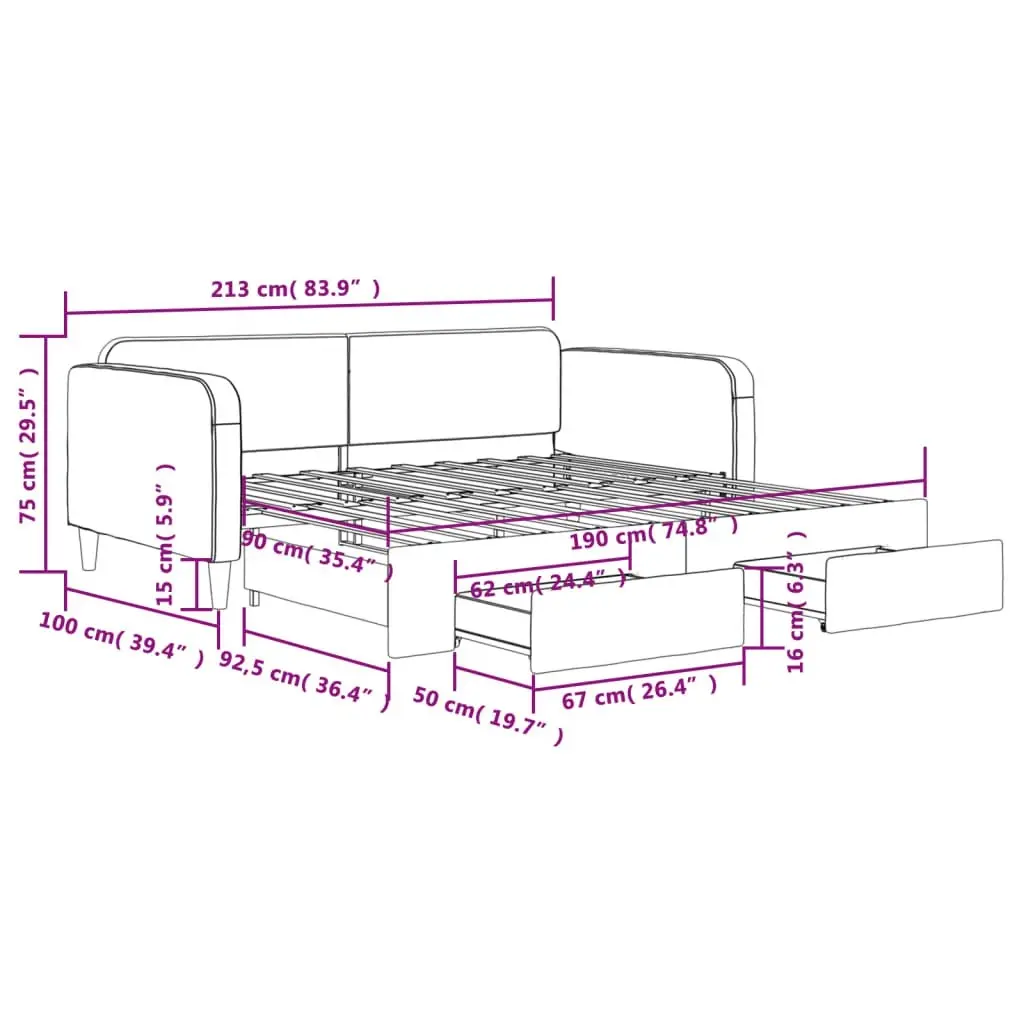 Daybed with Trundle and Drawers Light Grey 92x187 cm Single Size Fabric 3196862