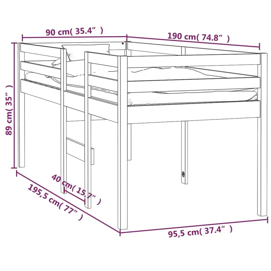 High Sleeper Bed White 92x187 cm Single Size Solid Wood Pine 821615