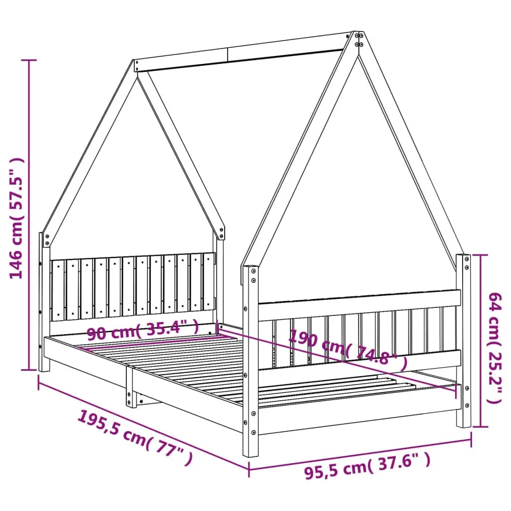 Kids Bed Frame Black 90x190 cm Solid Wood Pine 834509