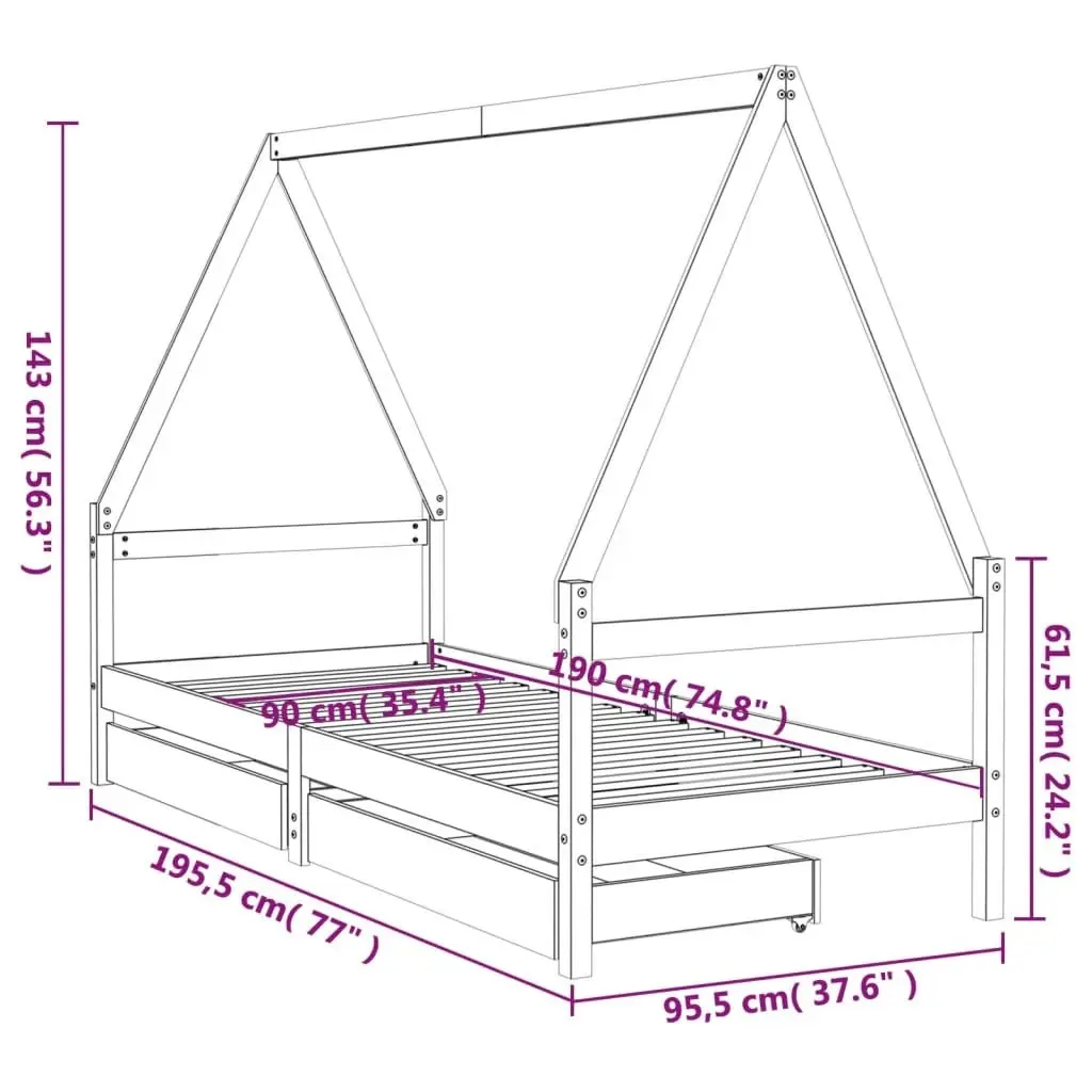 Kids Bed Frame with Drawers 90x190 cm Solid Wood Pine 834477