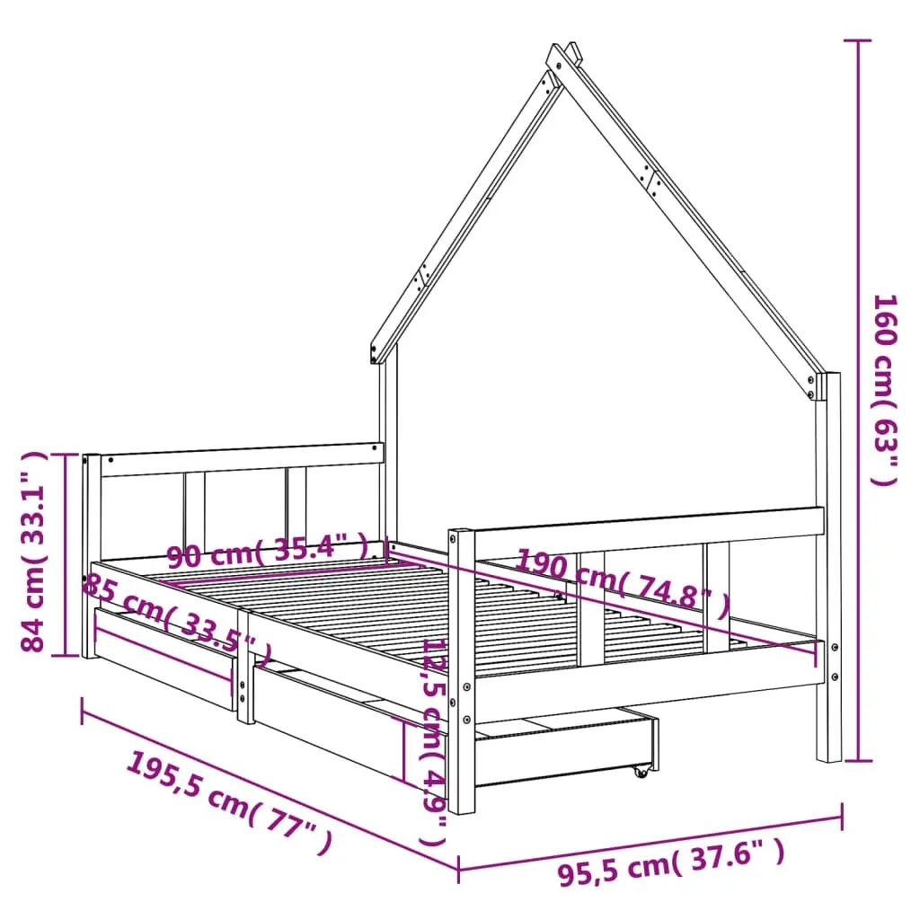 Kids Bed Frame with Drawers Black 90x190 cm Solid Wood Pine 834548