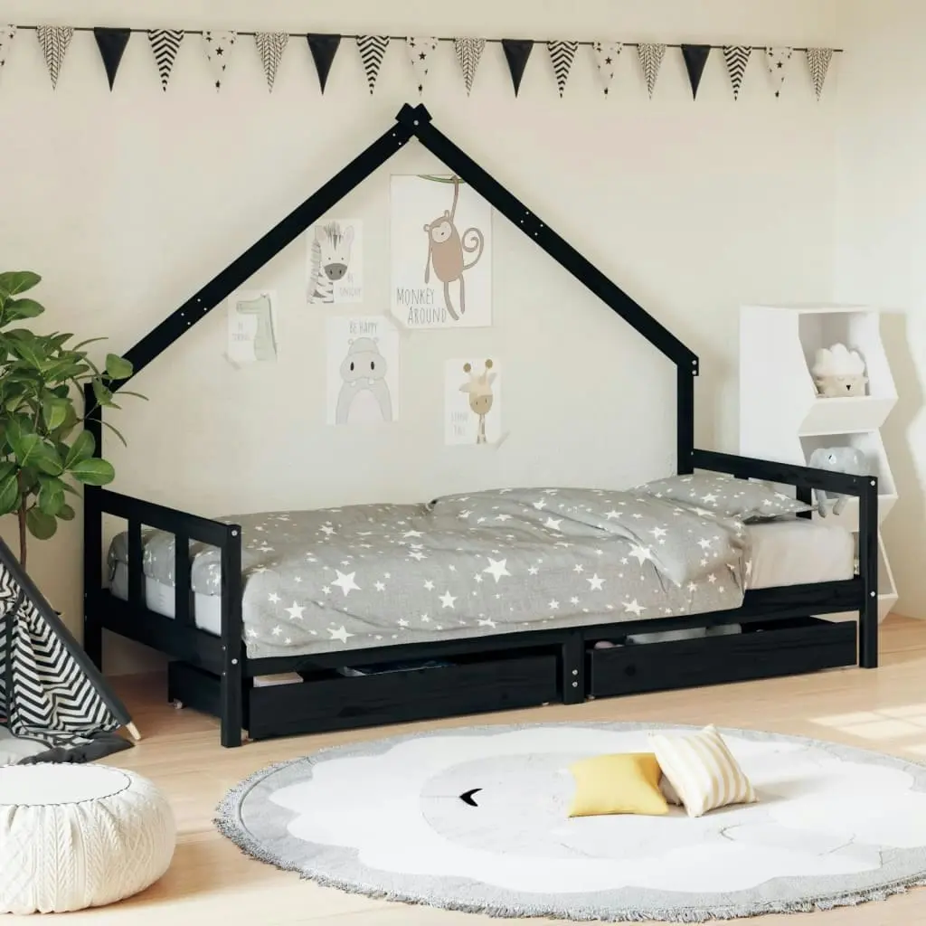 Kids Bed Frame with Drawers Black 90x190 cm Solid Wood Pine 834548