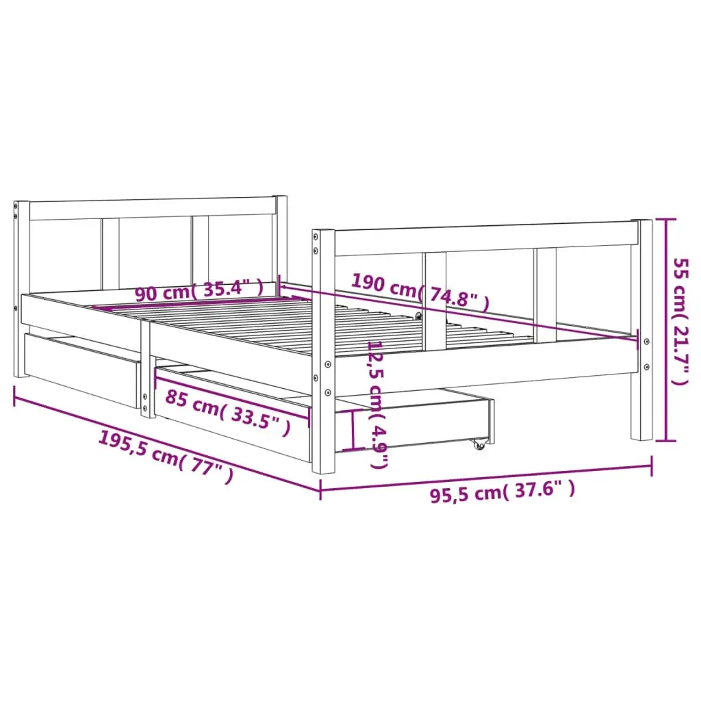 Kids Bed Frame with Drawers 90x190 cm Solid Wood Pine 834417