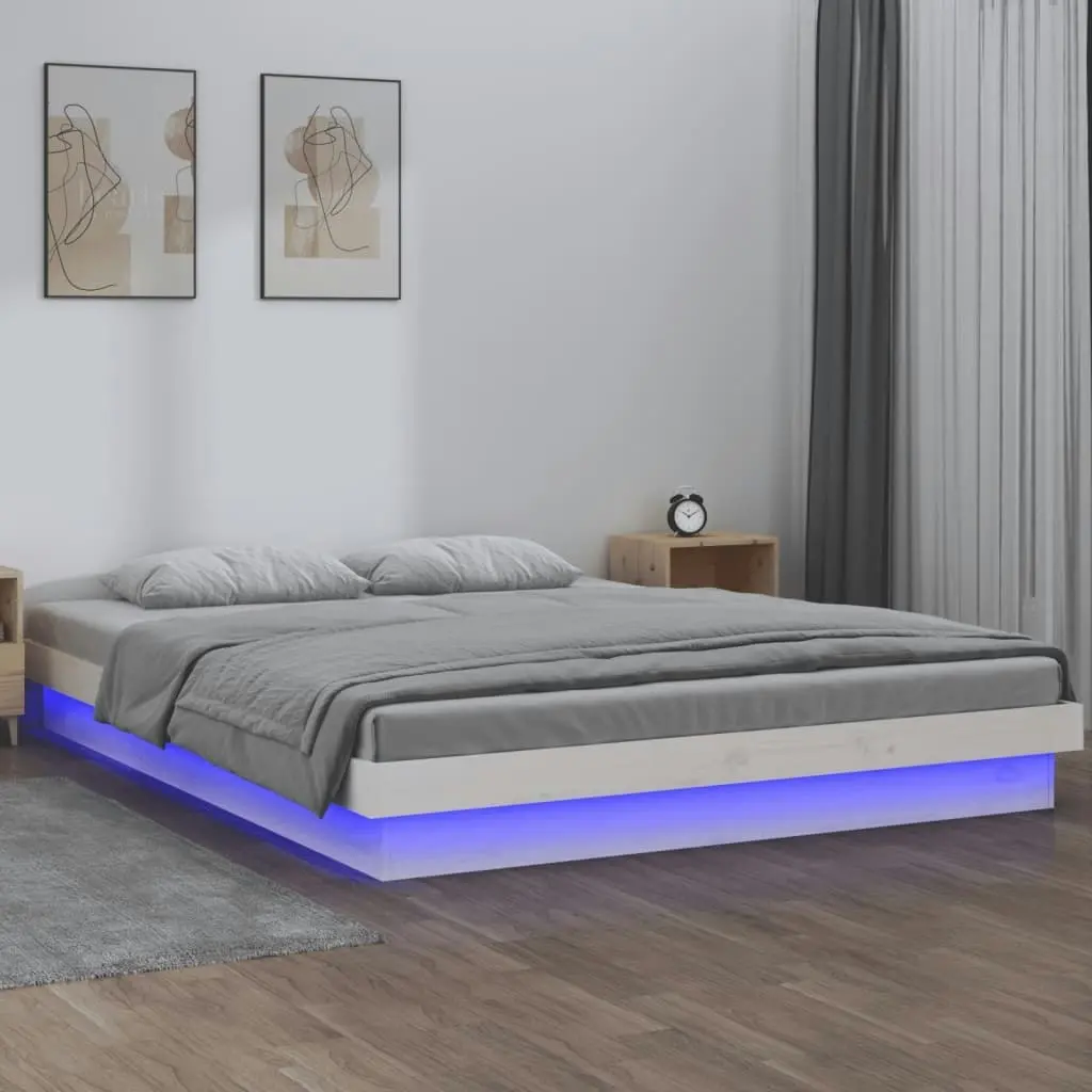 LED Bed Frame White 153x203 cm Queen Size Solid Wood 819978