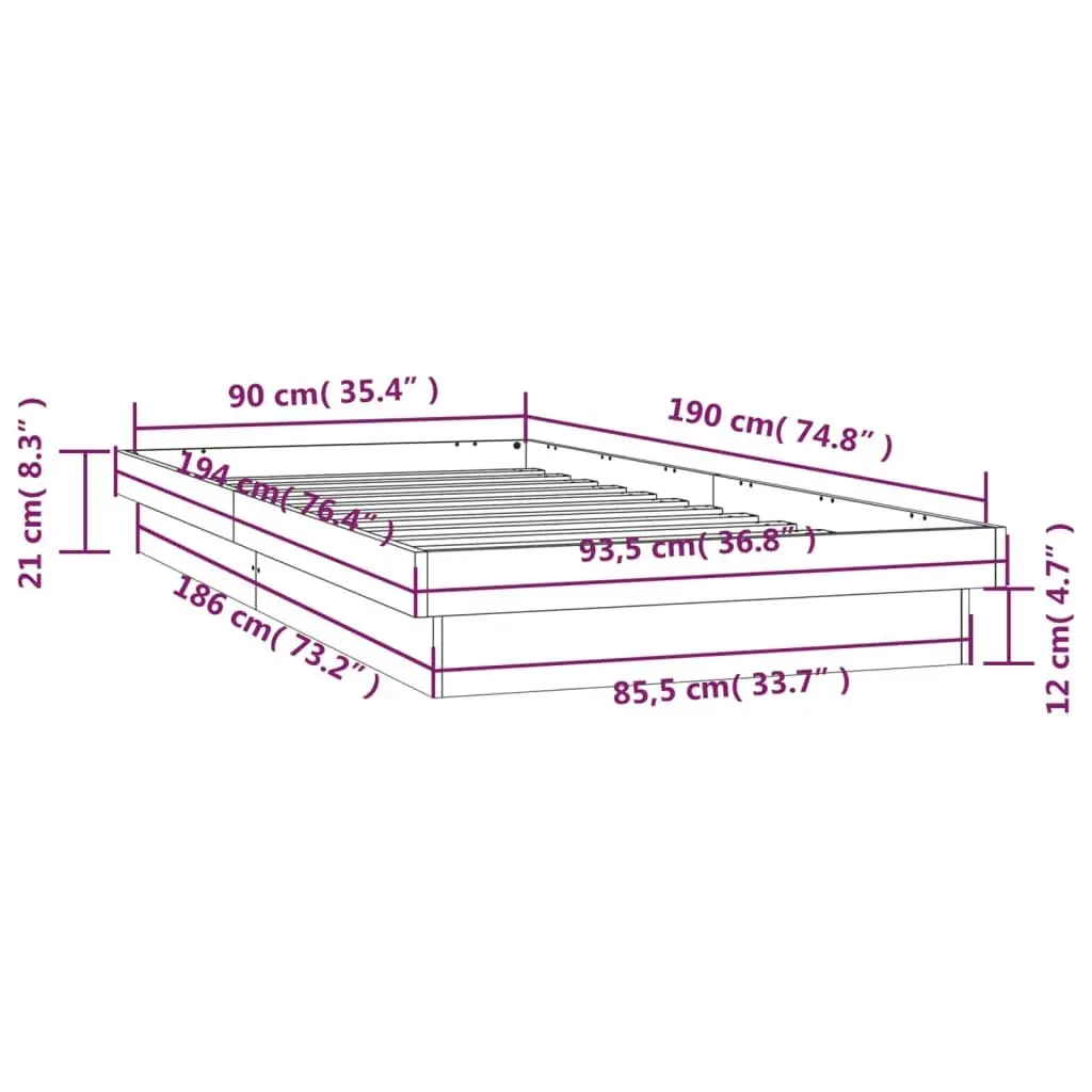 LED Bed Frame White 92x187 cm Single Size Solid Wood 820003