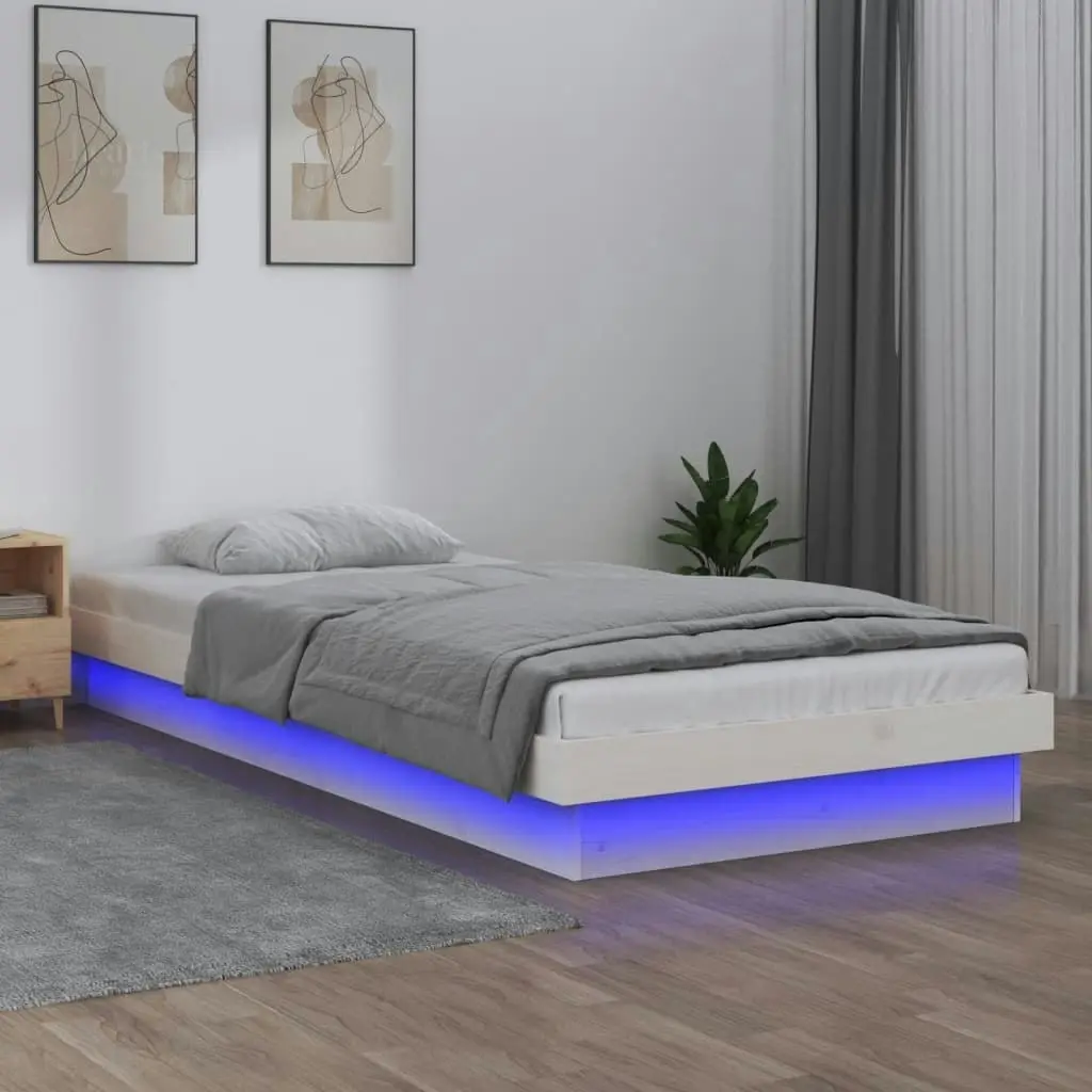 LED Bed Frame White 92x187 cm Single Size Solid Wood 820003