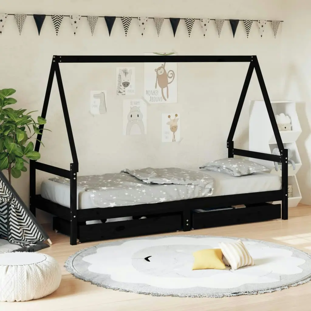 Kids Bed Frame with Drawers Black 90x190 cm Solid Wood Pine 834479