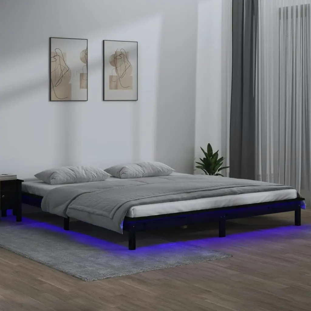 LED Bed Frame Black 137x187 cm Double Size Solid Wood 820650